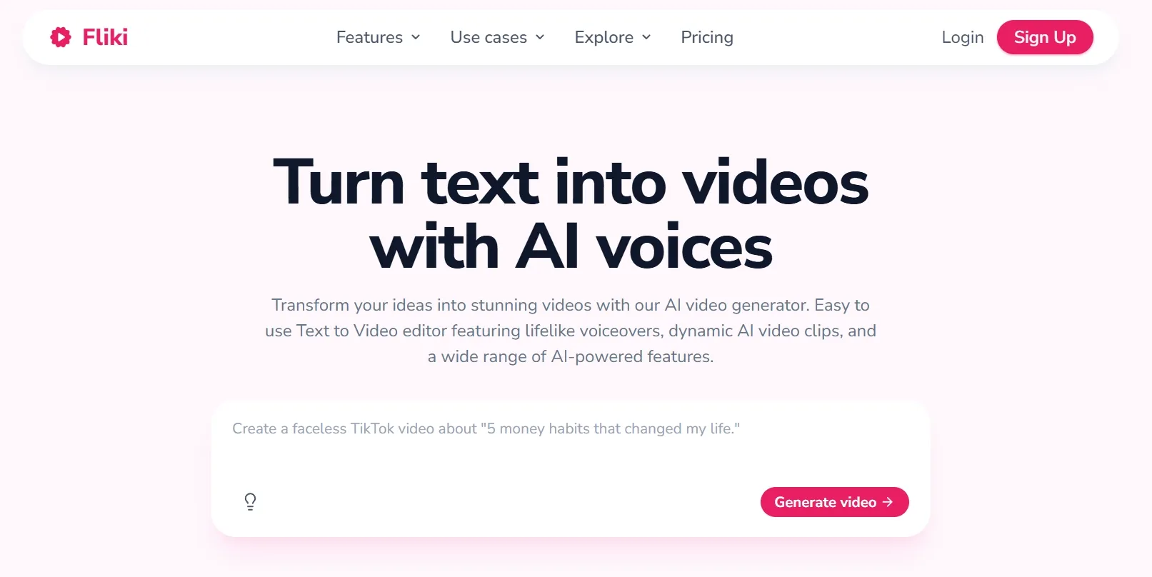 Fliki homepage showing a text-to-video generator with AI voices