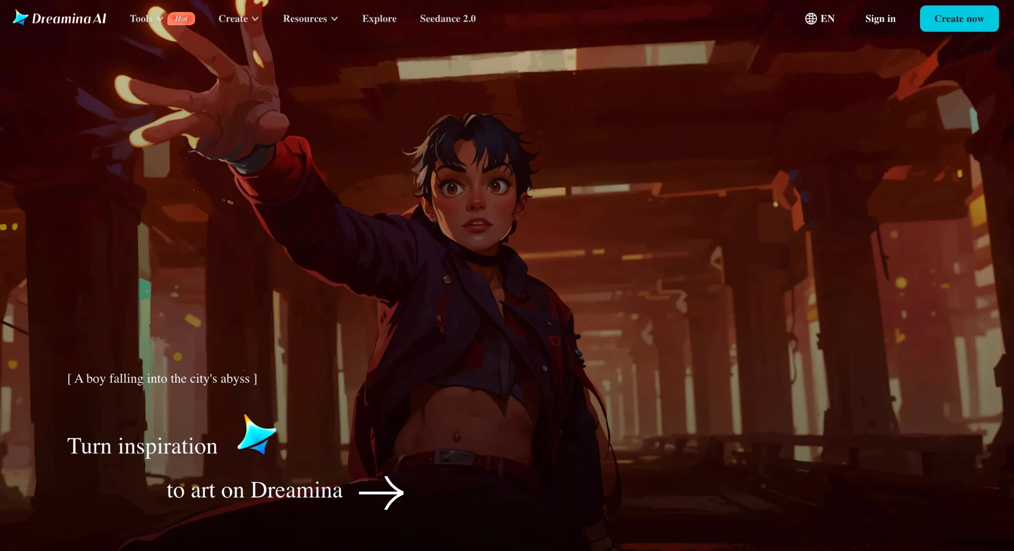 Dreamina AI homepage with a stylized character illustration and create button