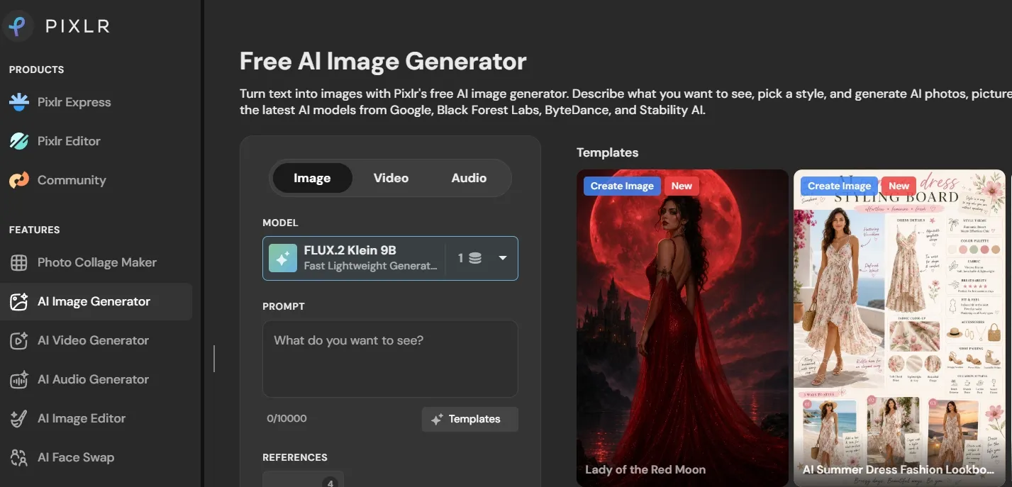 The homepage of Pixlr.