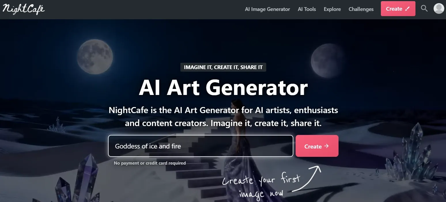 The homepage of nightcafe AI.
