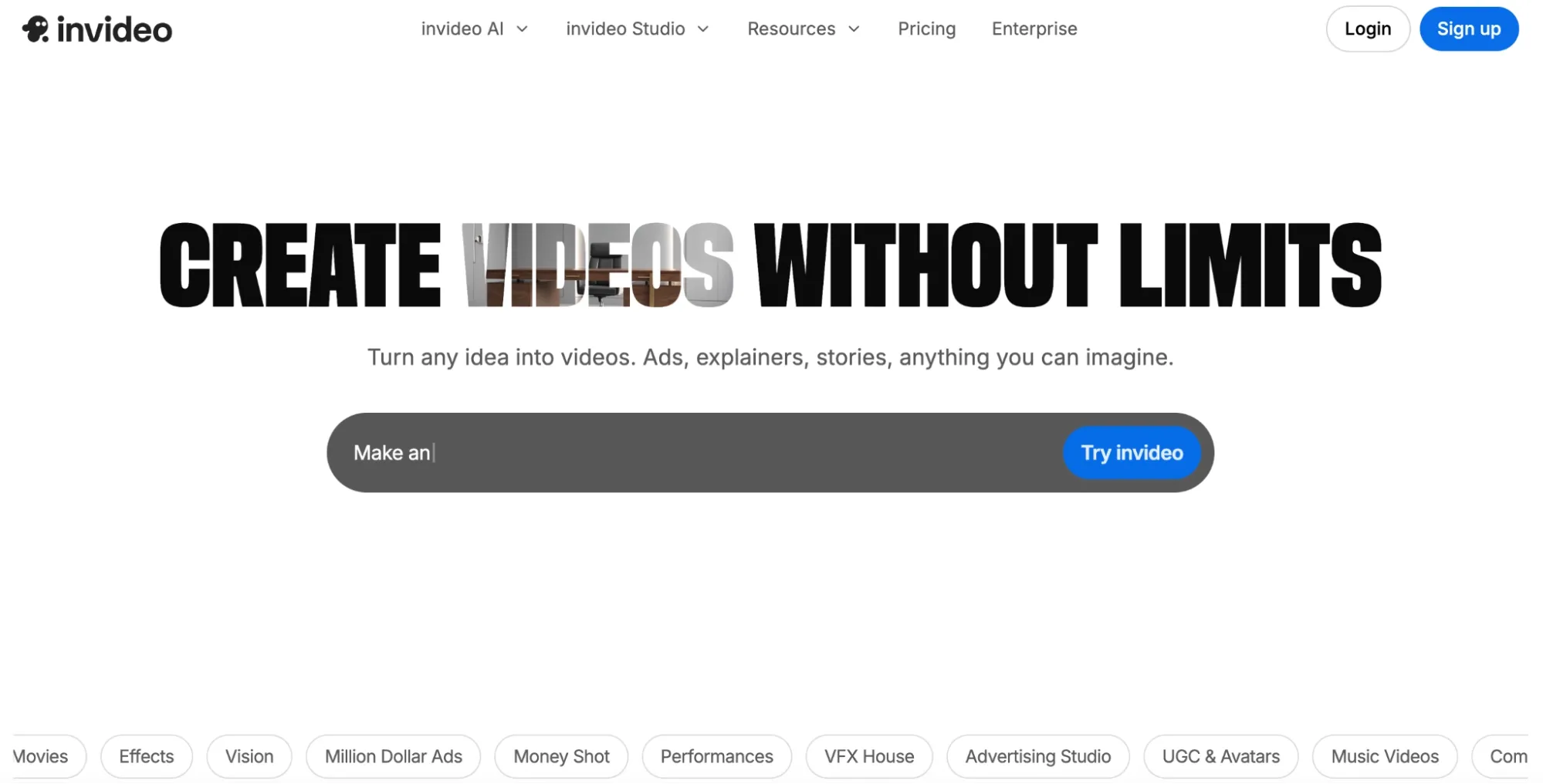 Invideo homepage with prompt bar and video creation headline