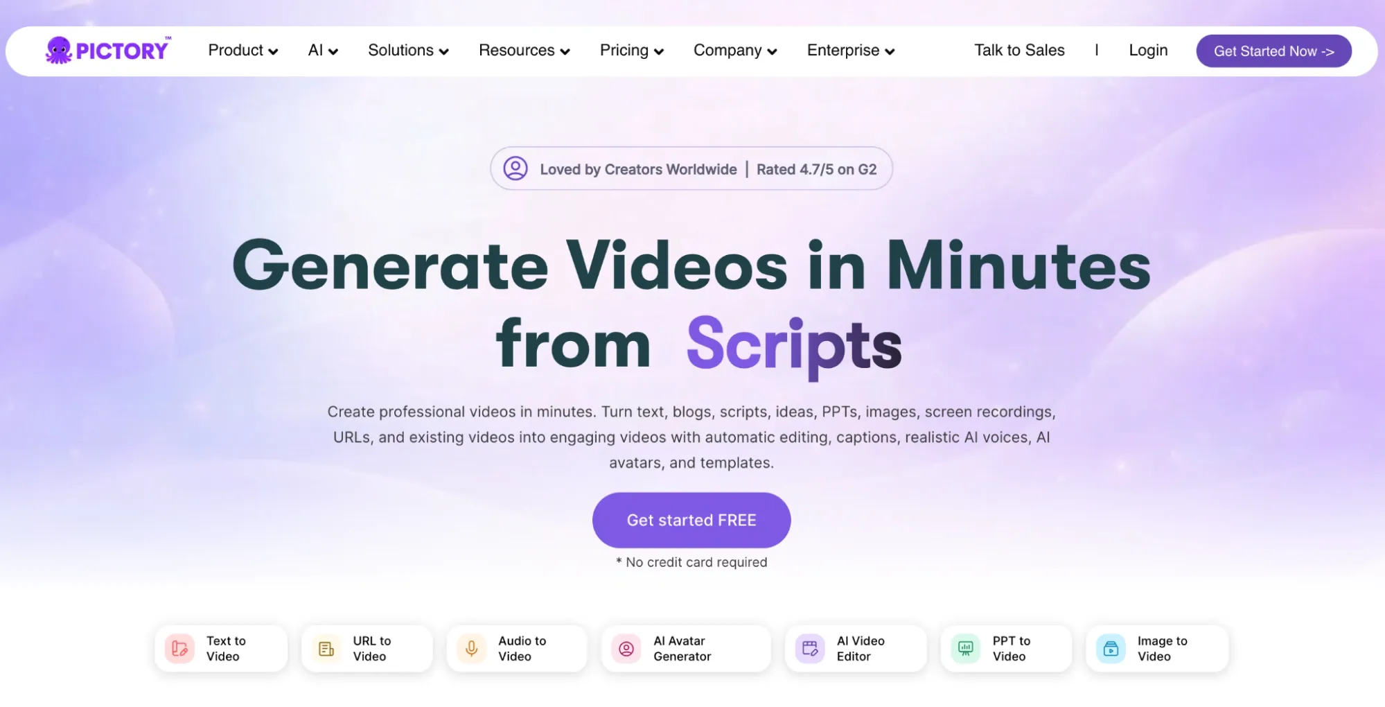 Pictory homepage promoting script to video generation tools