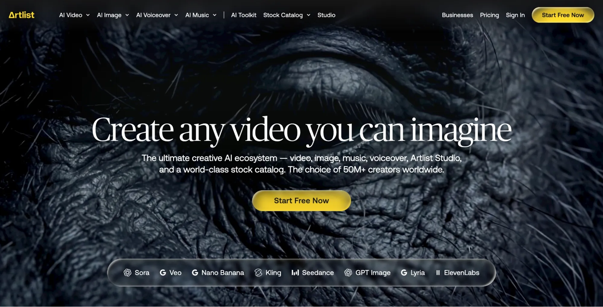 Artlist homepage promoting AI video creation with bold hero image