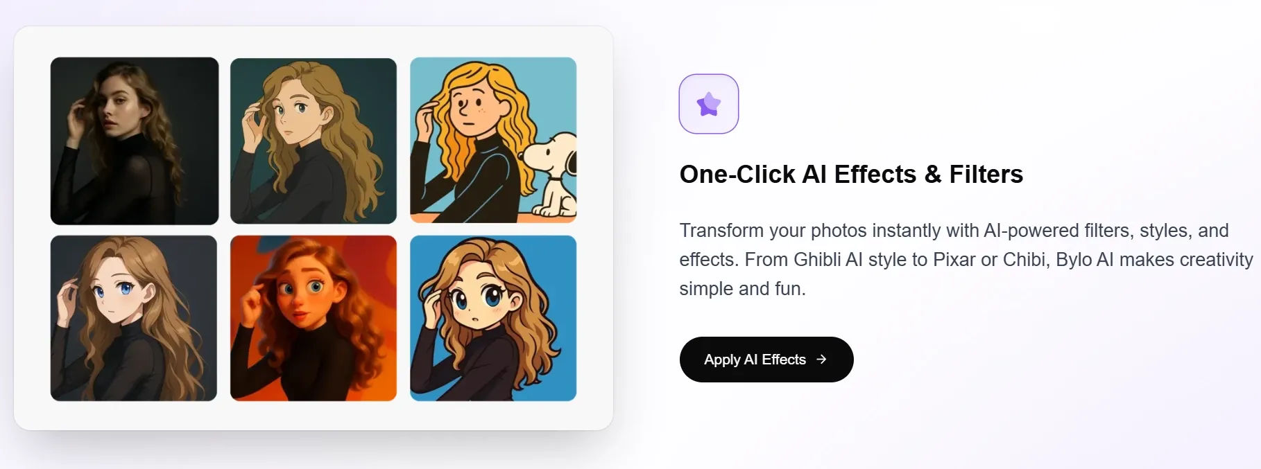 Bylo AI page showing one-click AI effects and filter examples