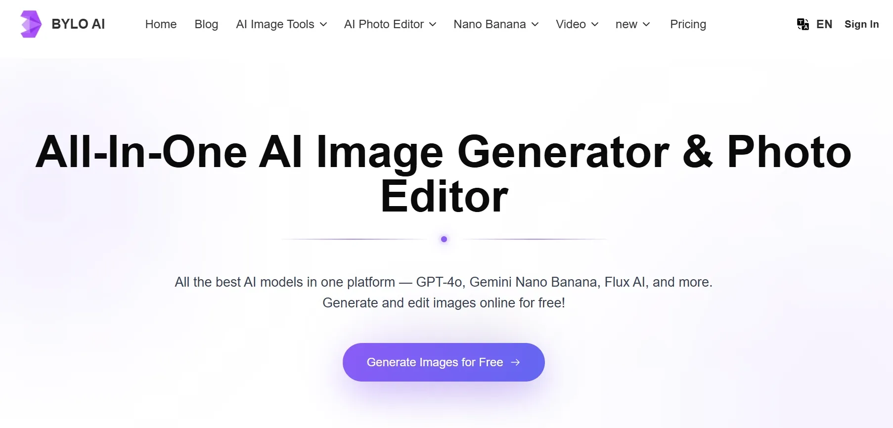 Bylo AI homepage showing an all-in-one AI image generator and photo editor