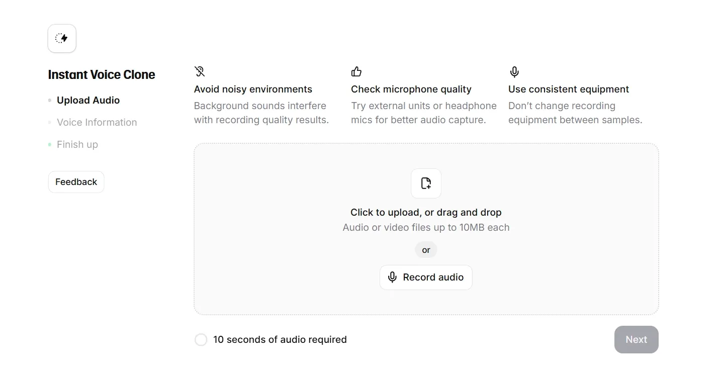ElevenLabs voice cloning upload interface
