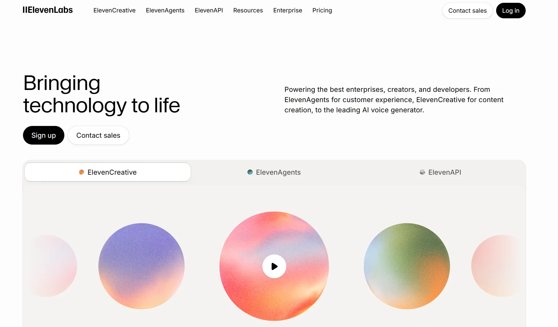 ElevenLabs homepage and product overview