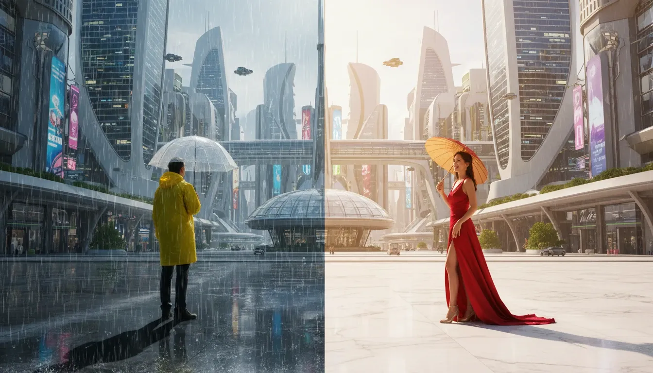 Split weather city square scene