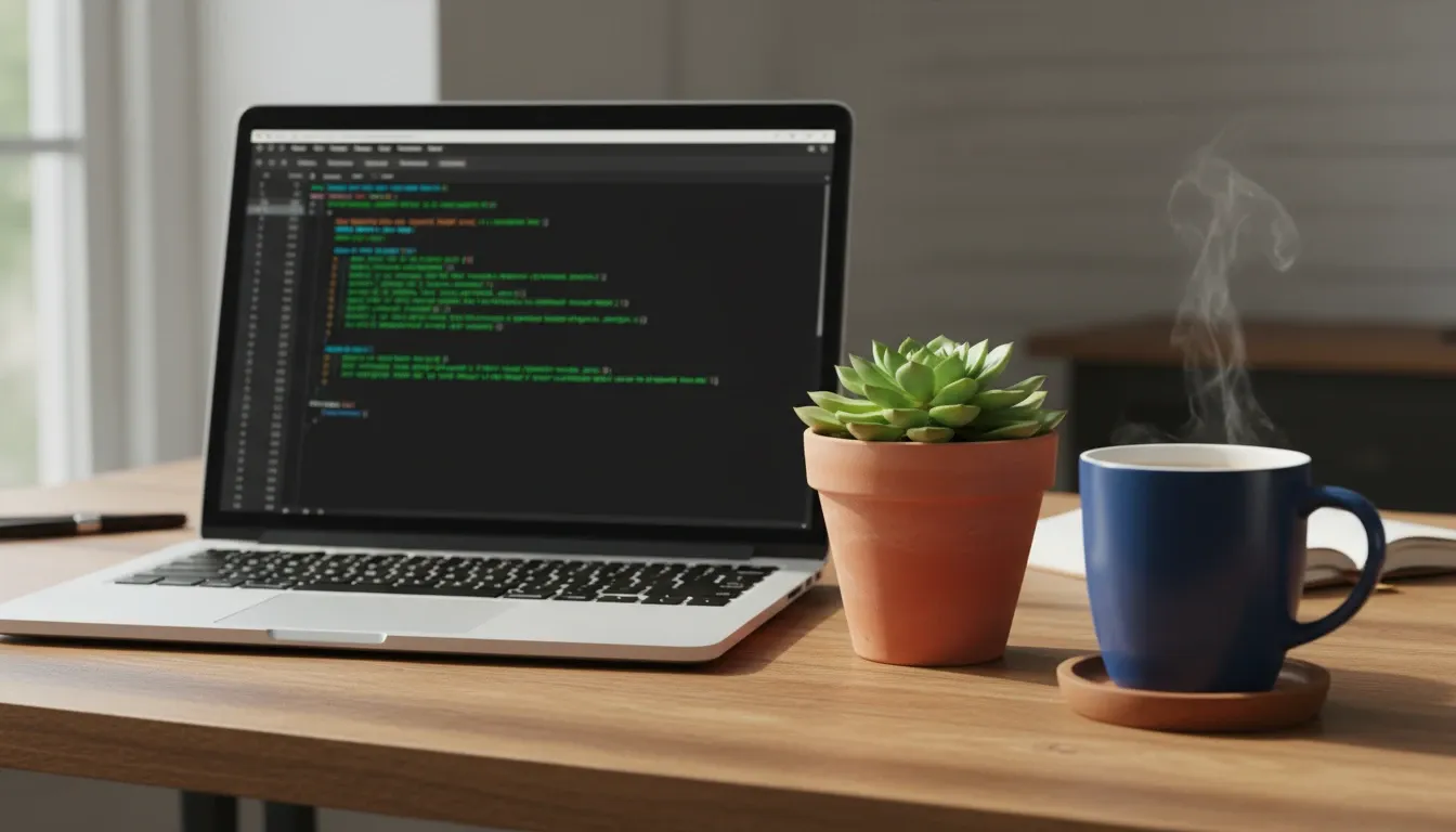 Desk with laptop mug and succulent