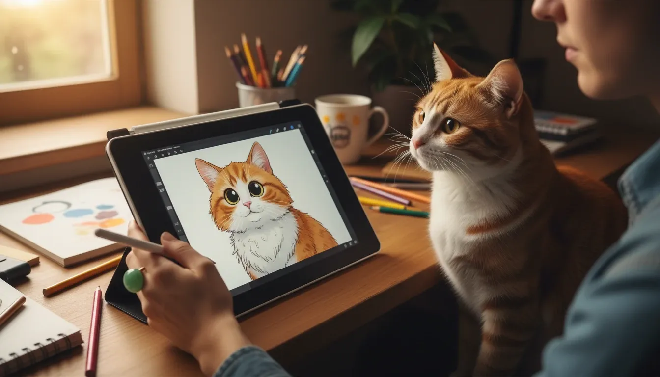 Person drawing cat with green thumb ring