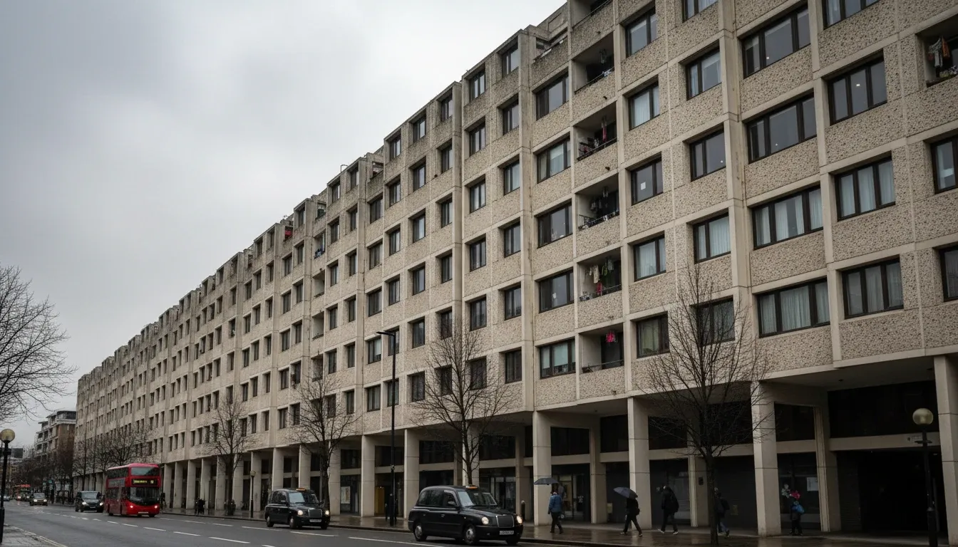 Brutalist London apartment street view