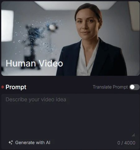 Human video preview showing a woman with a prompt input field below