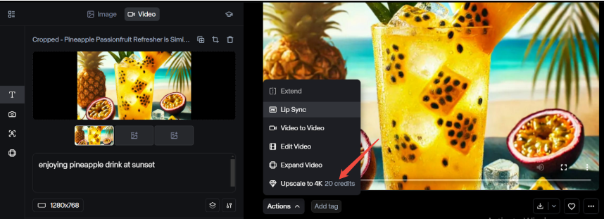 Runway Actions menu with upscale option