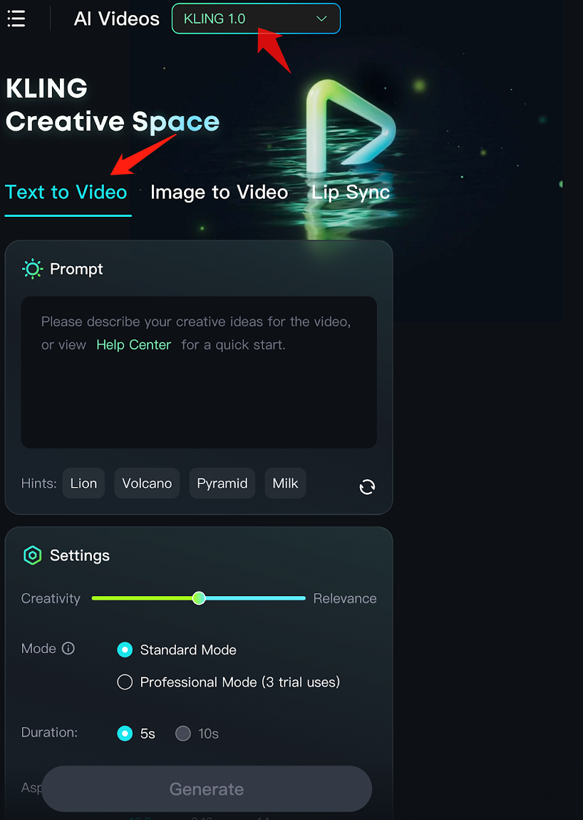 Kling AI text-to-video camera and creativity settings