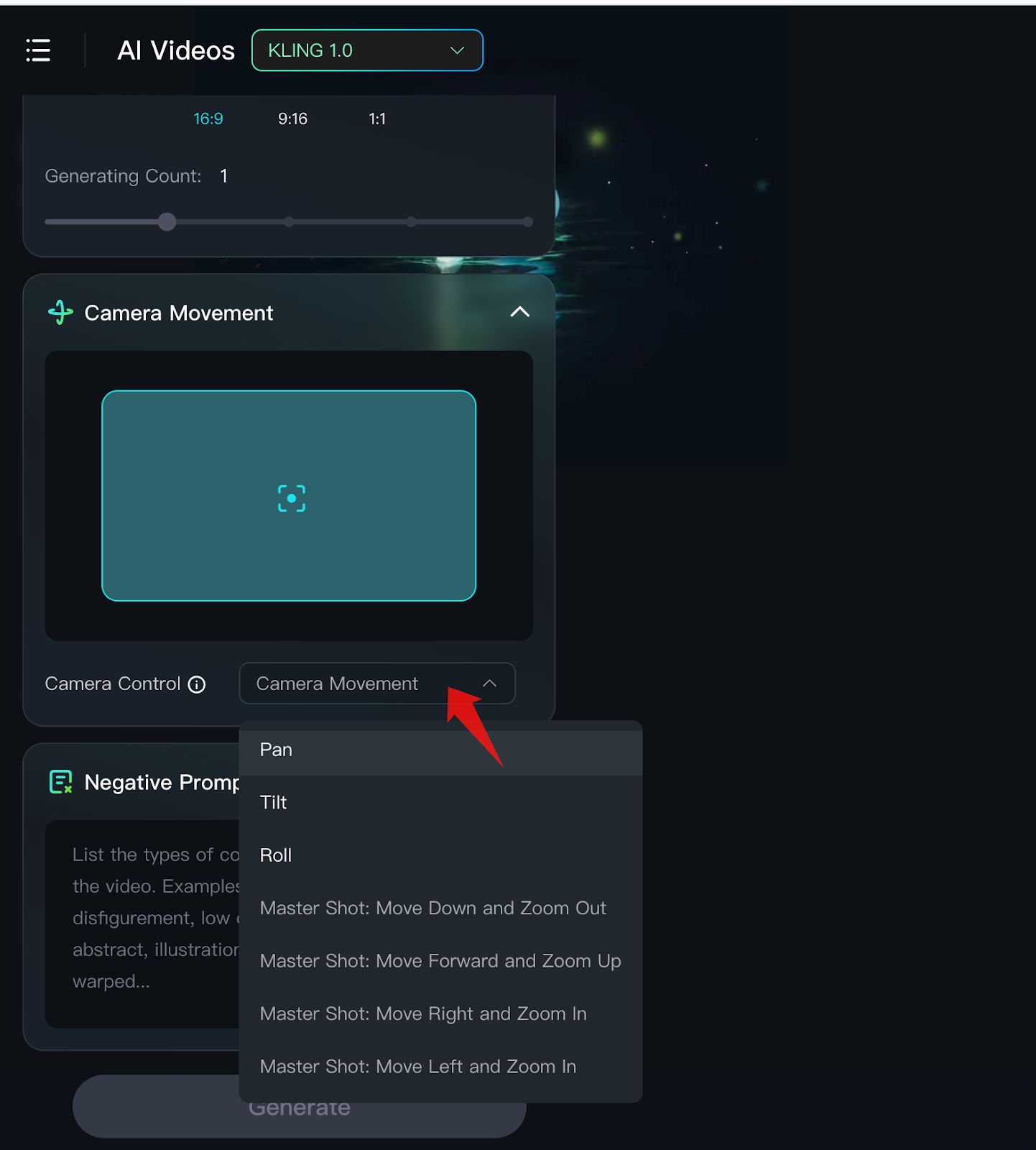 Kling AI Camera Movement drop-down menu