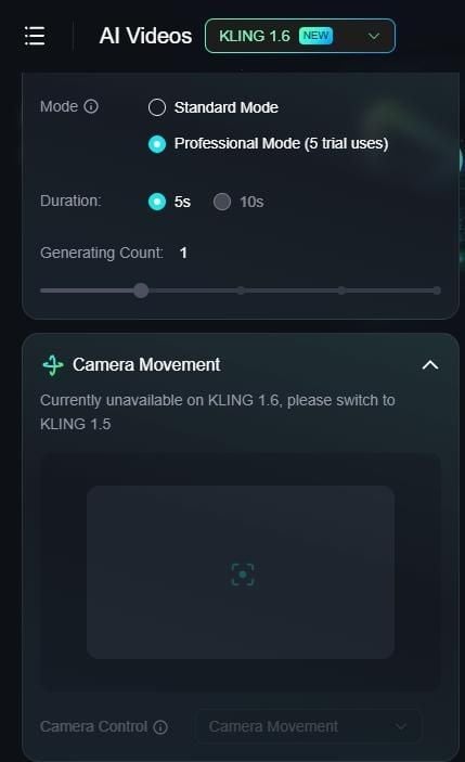Kling AI Camera Movement unavailable notice