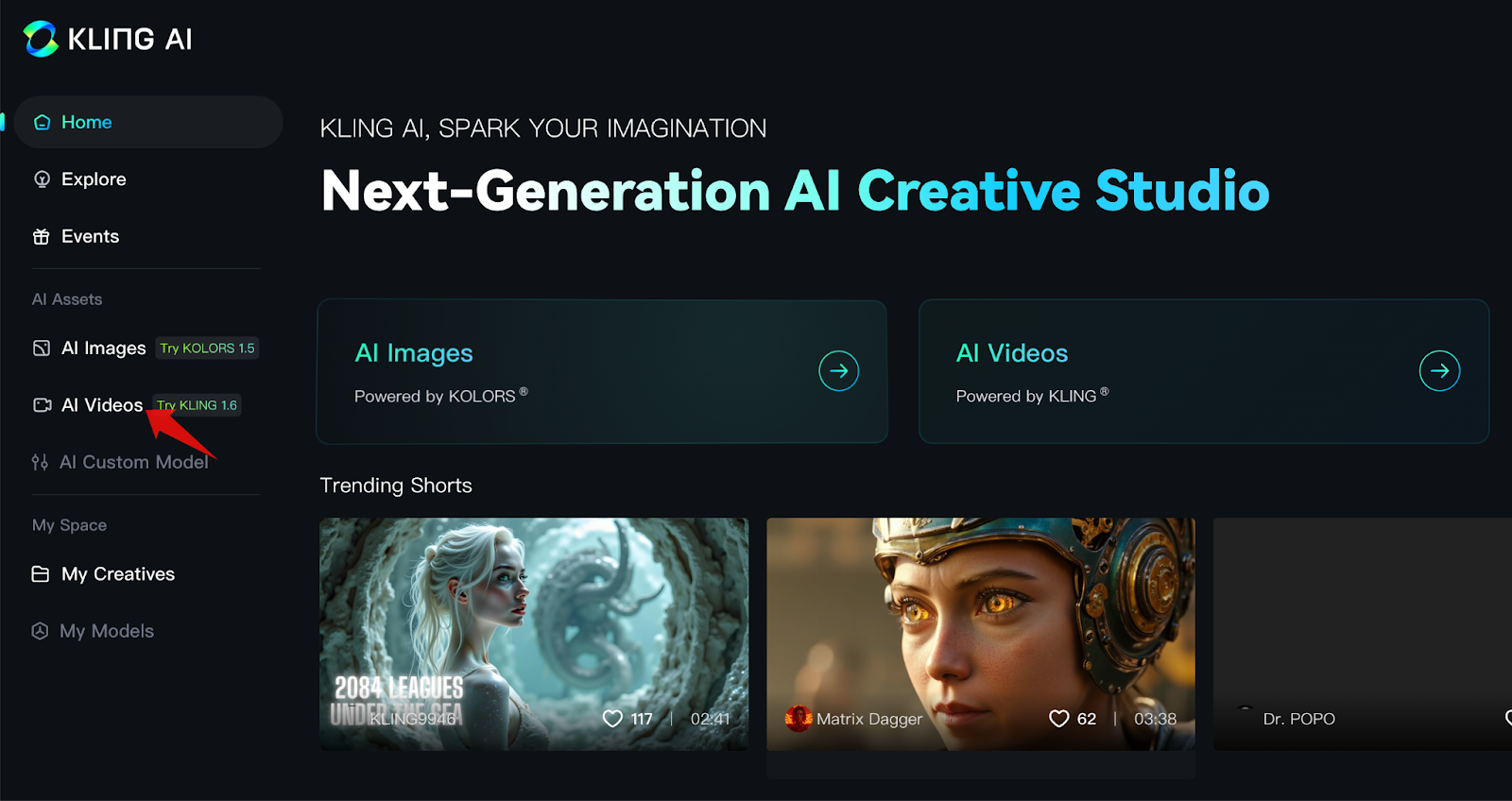 Kling AI dashboard showing AI Videos entry