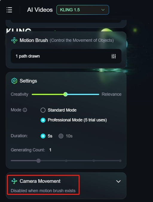 Kling AI Camera Movement disabled warning