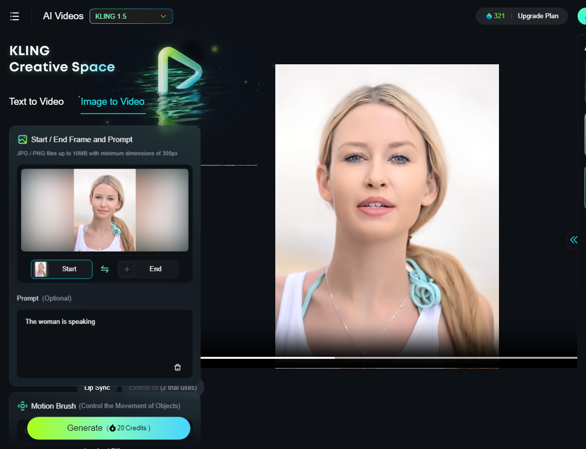 Kling AI image-to-video with start frame and prompt