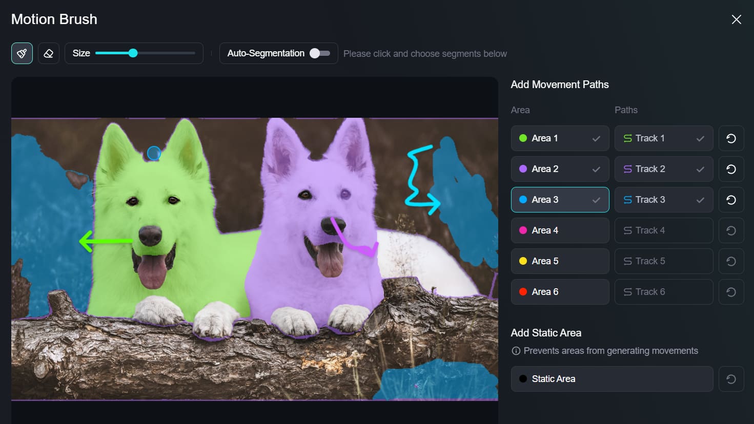 Kling AI Motion Brush with color-coded movement paths