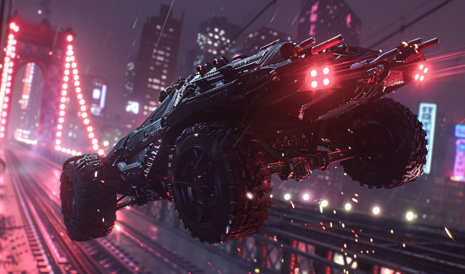 Futuristic vehicle over neon cityscape from Imagen 4