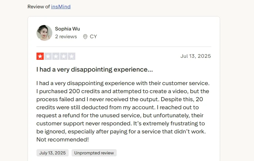 Trustpilot review reporting failed video generation, deducted credits, and no support response from insMind