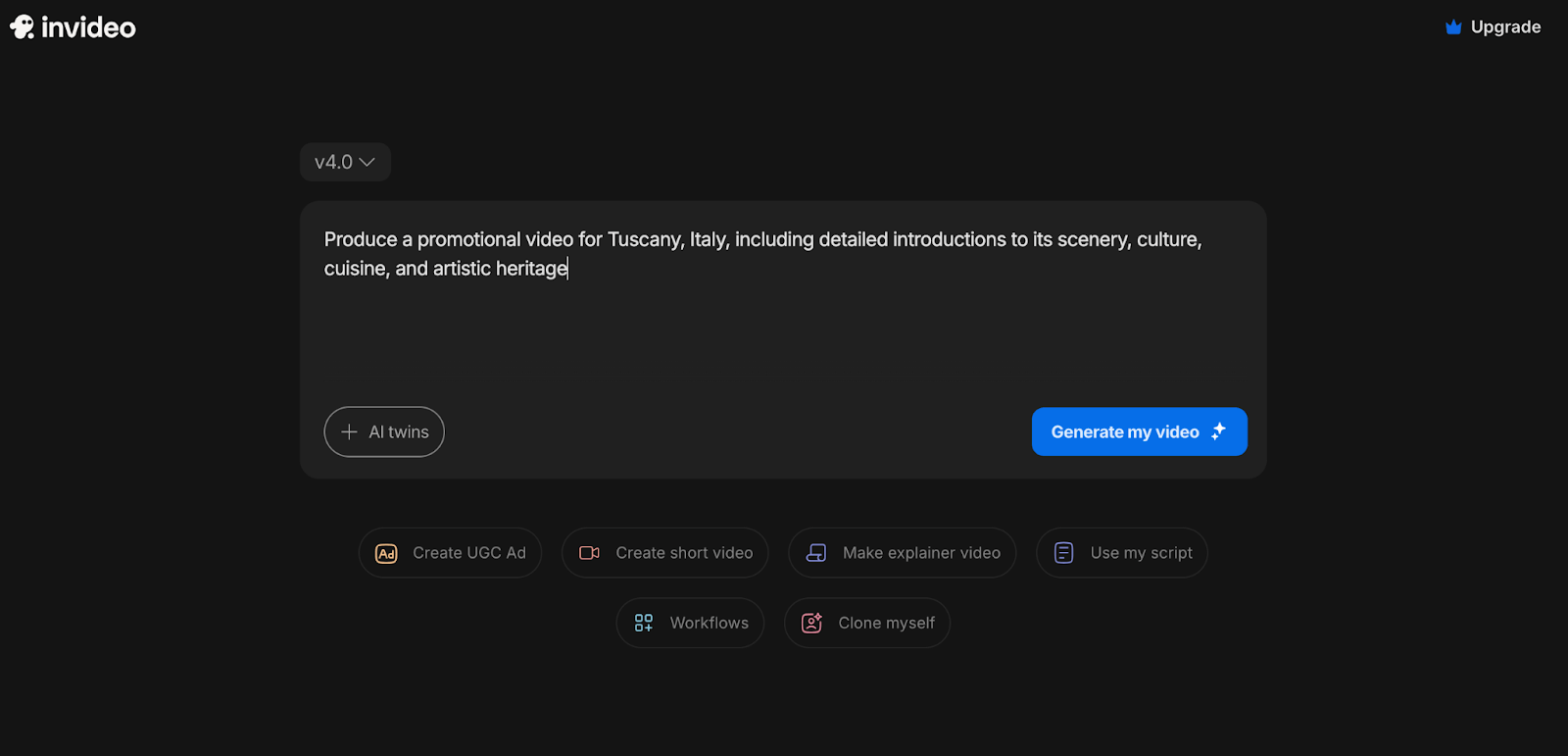 InVideo AI text-to-video creation interface