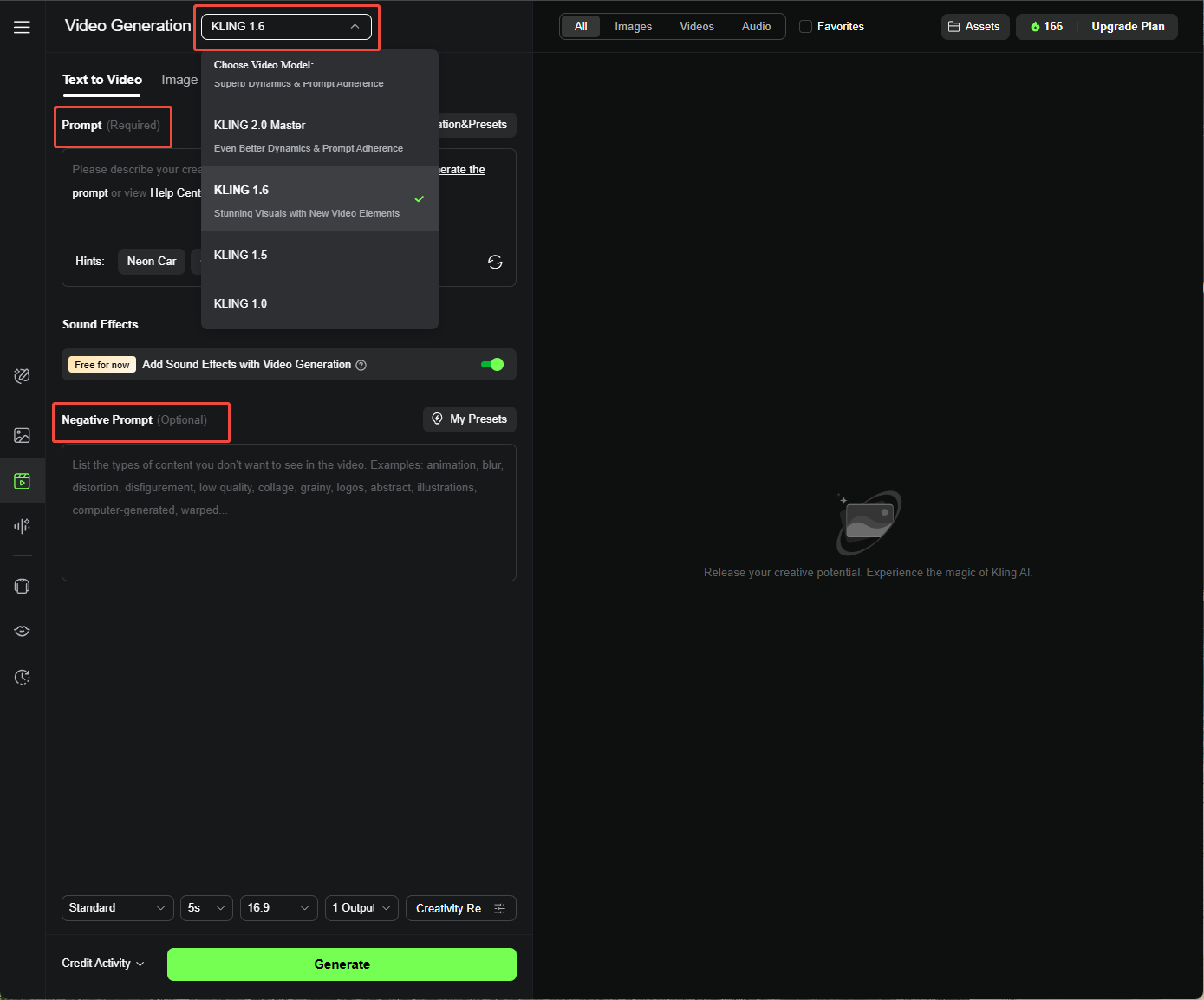 Kling AI text-to-video workspace with model and prompt controls