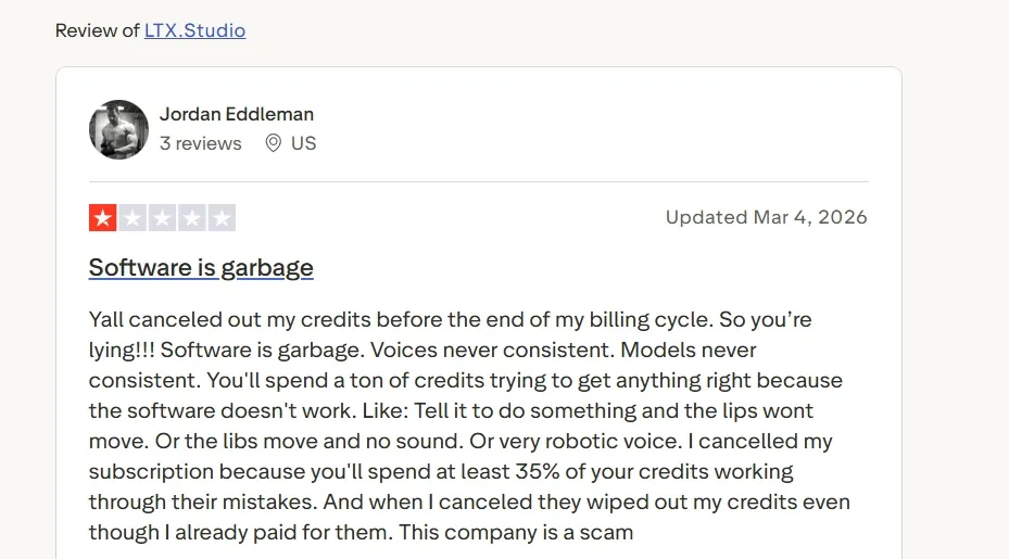 Negative review of LTX Studio highlighting software issues and poor customer service.
