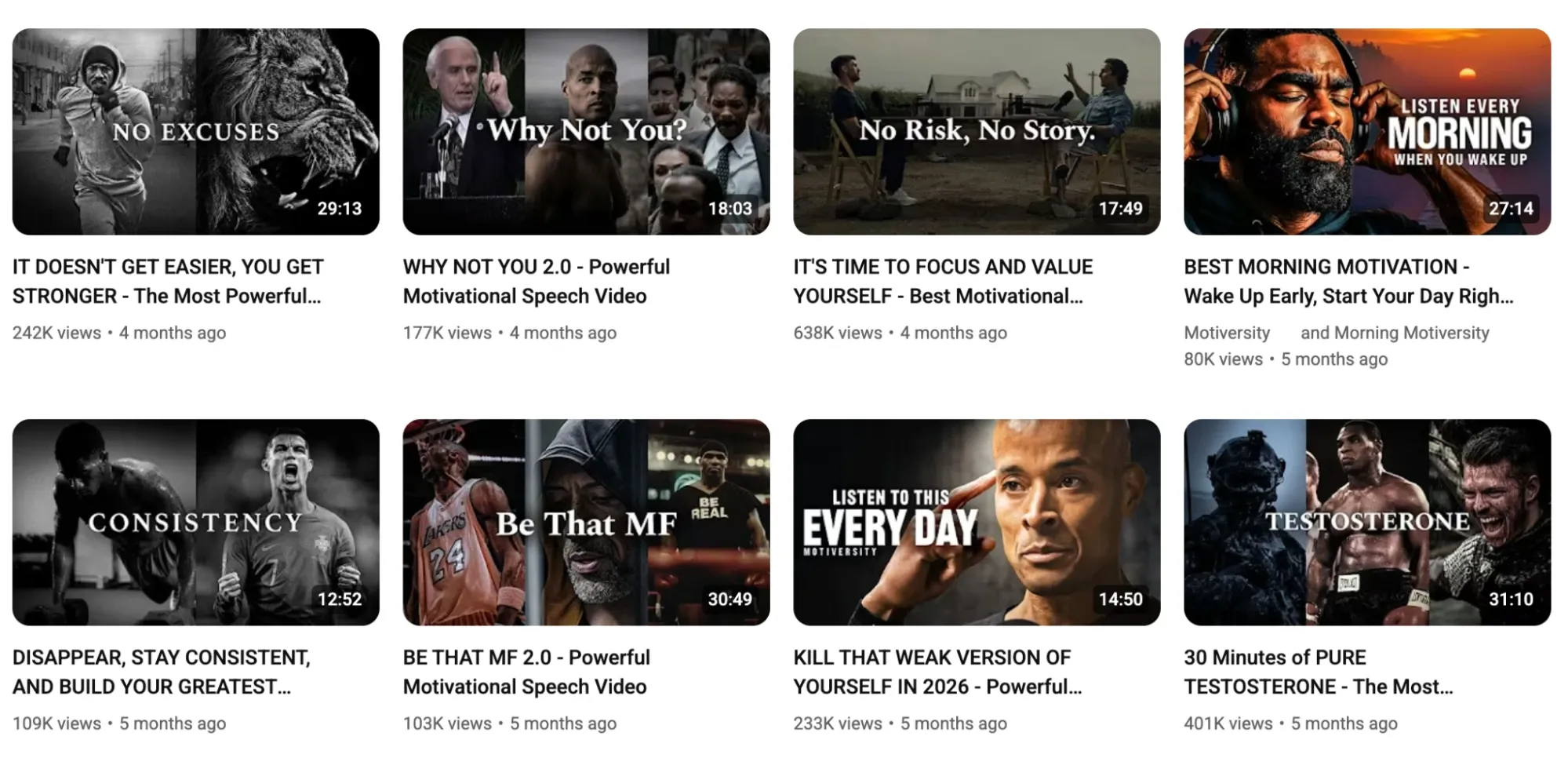A collection of motivational speech YouTube video thumbnails featuring inspirational phrases
