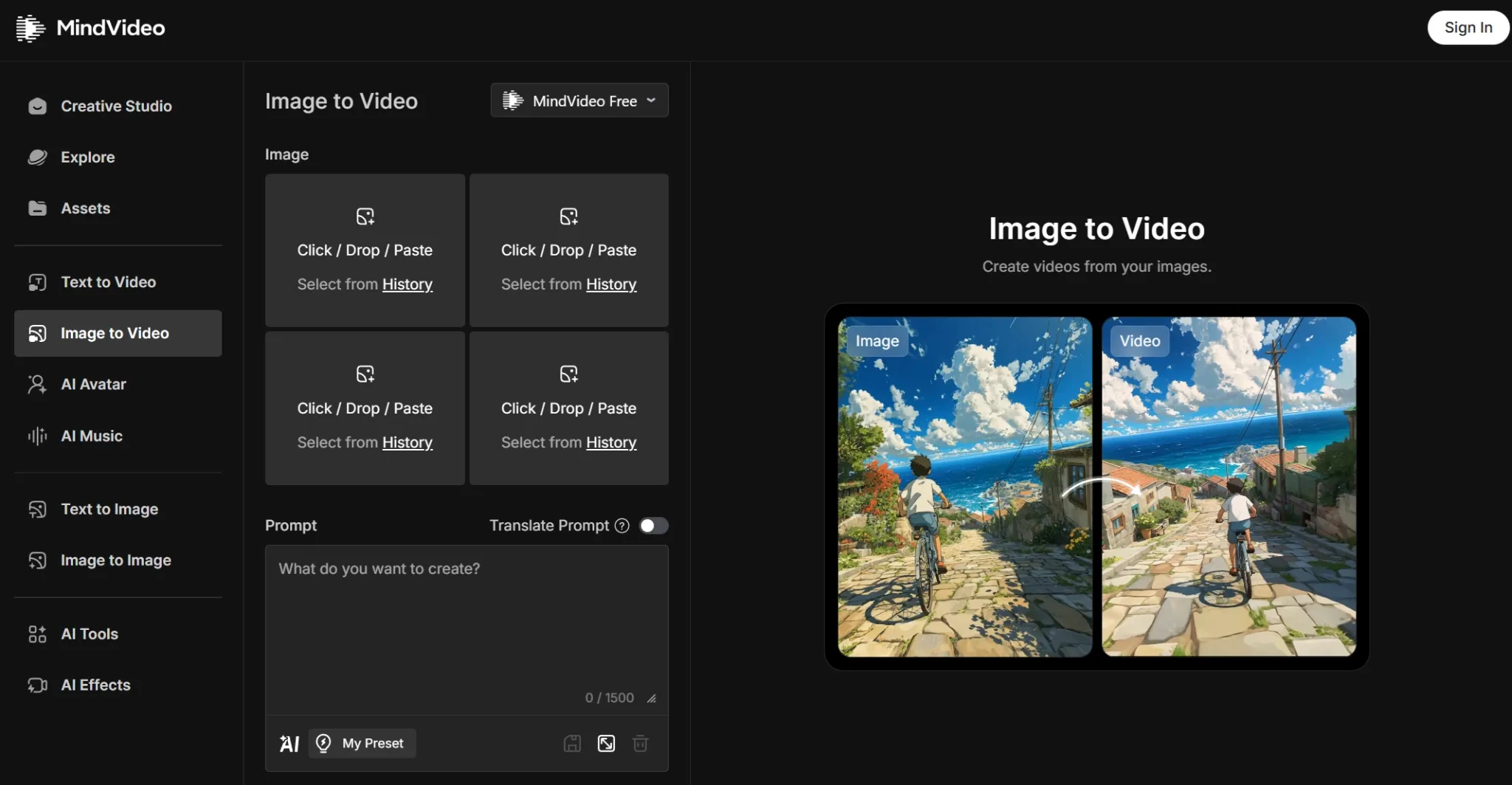 MindVideo image-to-video workspace with upload panels and preview