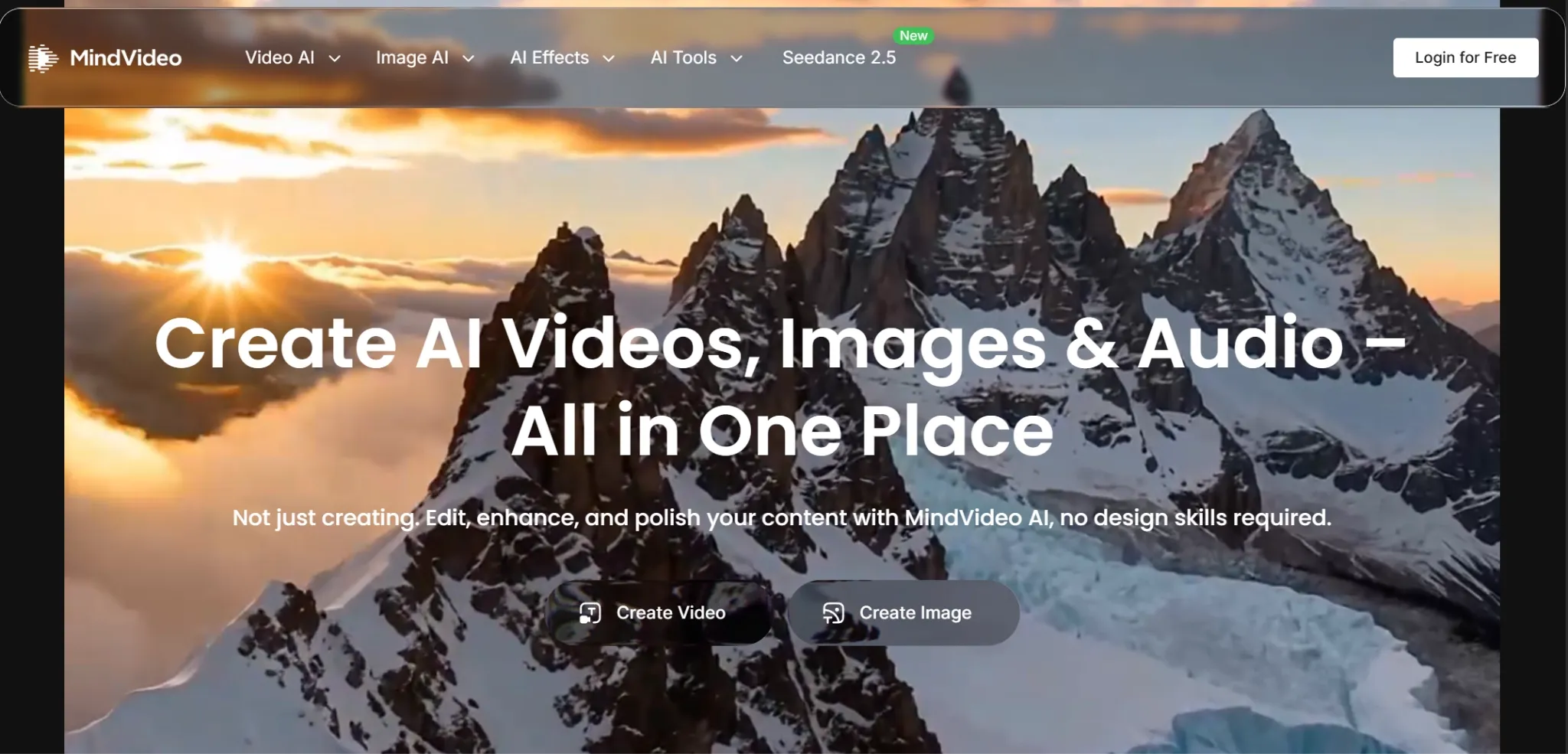 MindVideo homepage showing AI video, image, and audio creation options