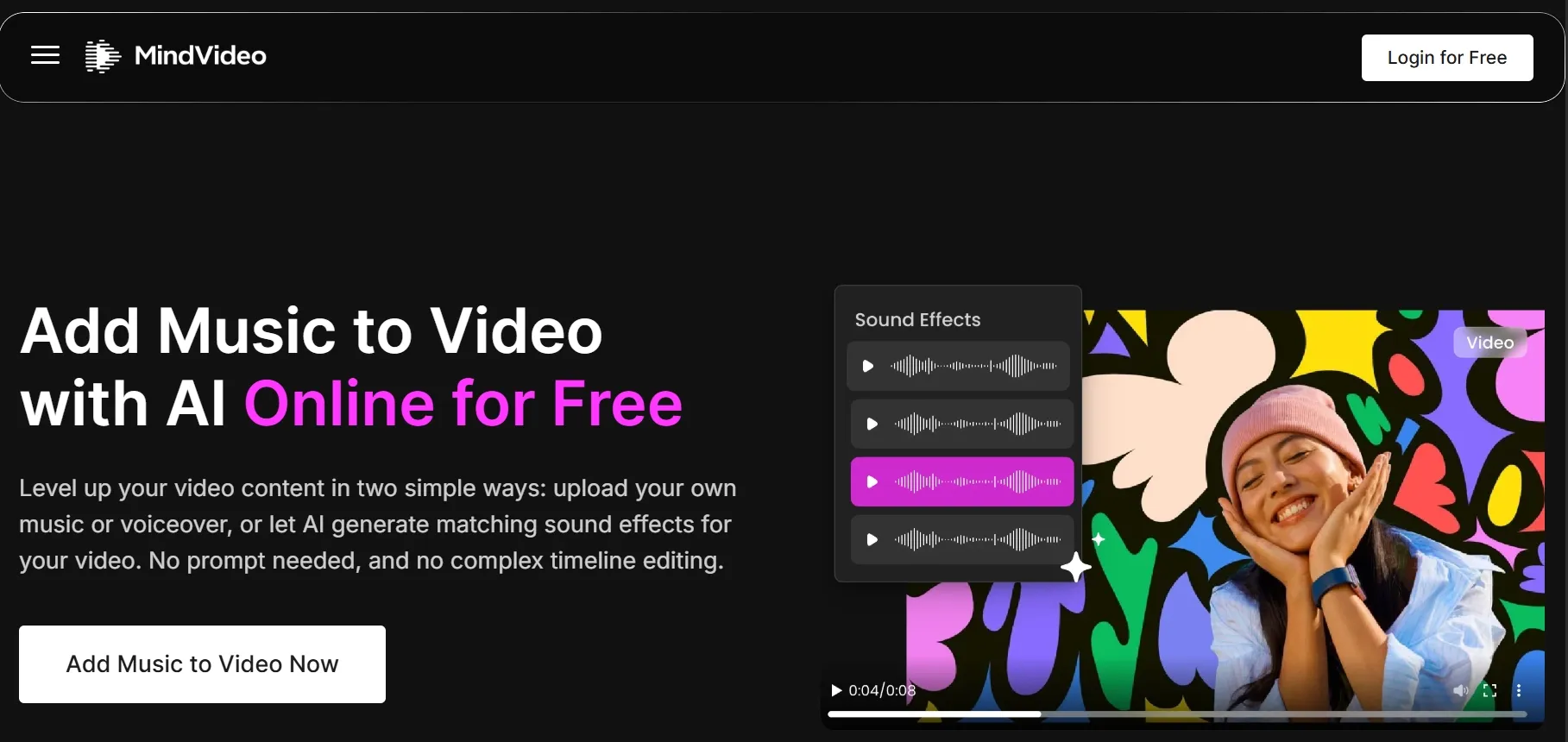 MindVideo page for adding music and sound effects to video