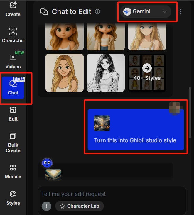 OpenArt chat edit interface