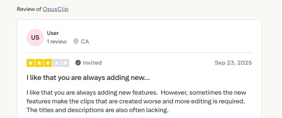 User review of OpusClip noting feature updates and extra editing needs