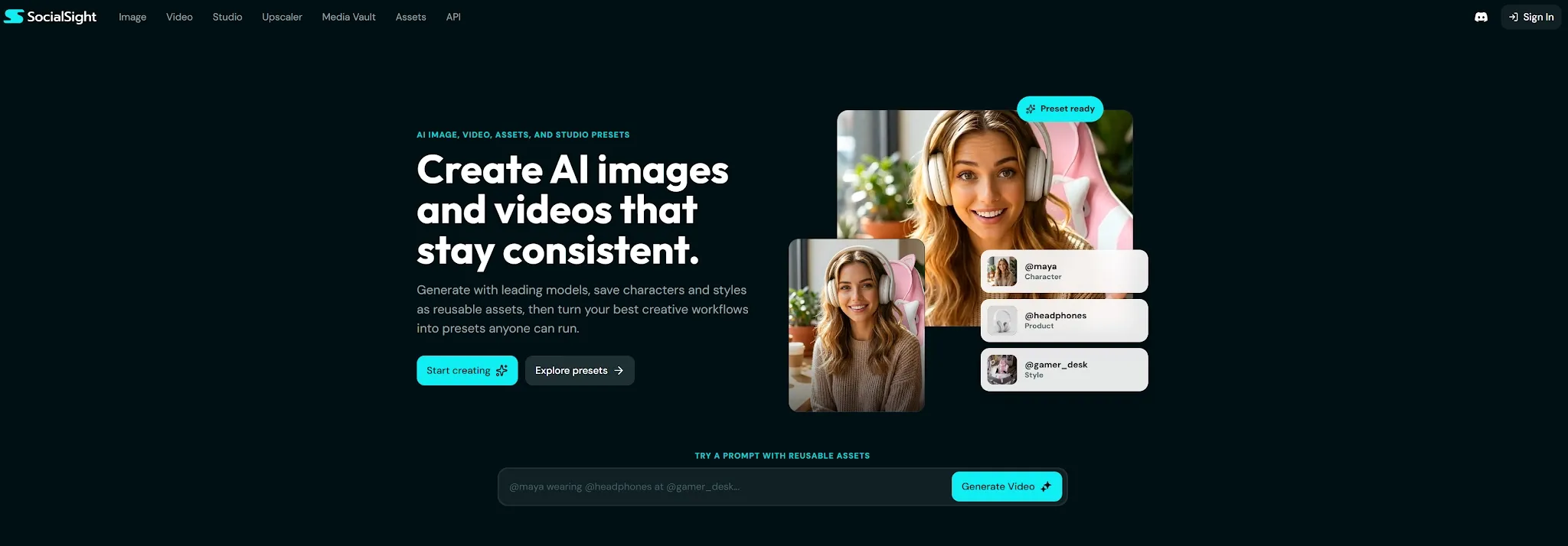 A woman with headphones smiles at a computer, showcasing AI image creation.