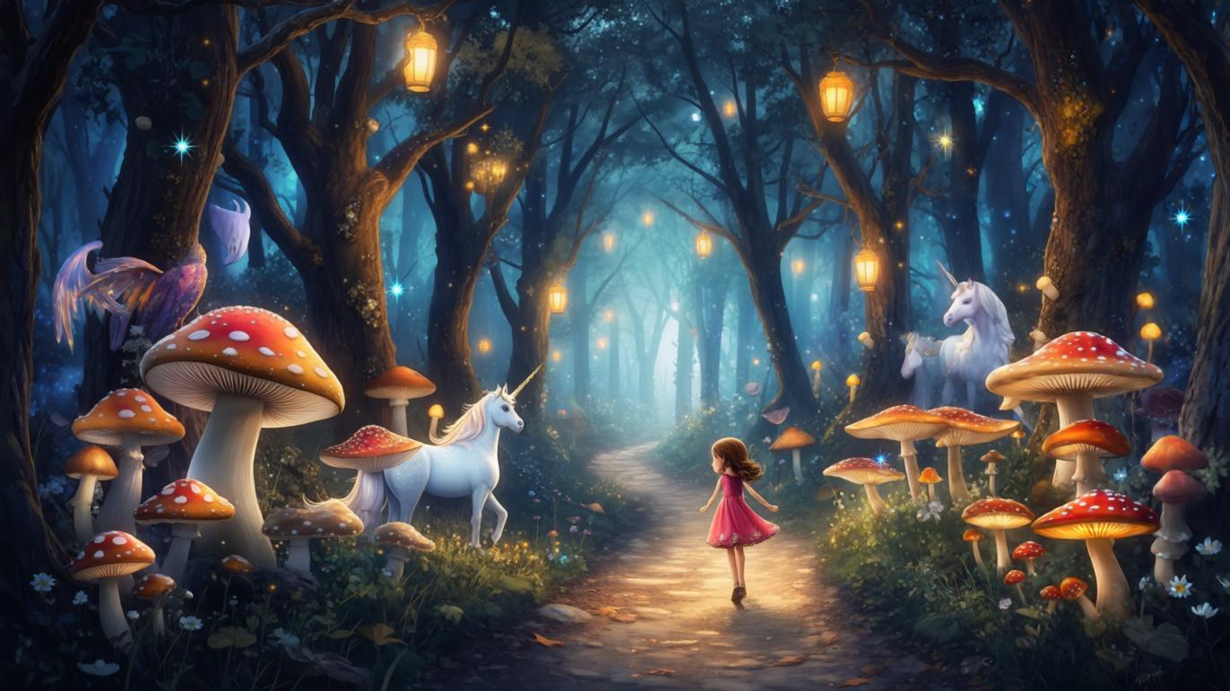 SVD magical forest image-to-video result with girl, unicorns, and glowing path