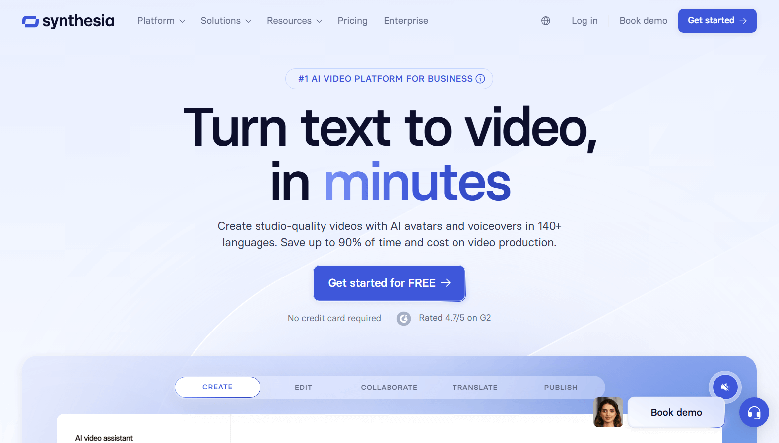 Synthesia homepage for AI avatar video creation