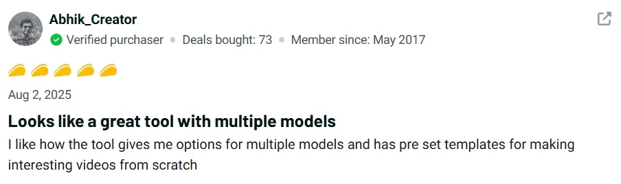 AppSumo review praising Vadoo AI for multiple model options and video templates