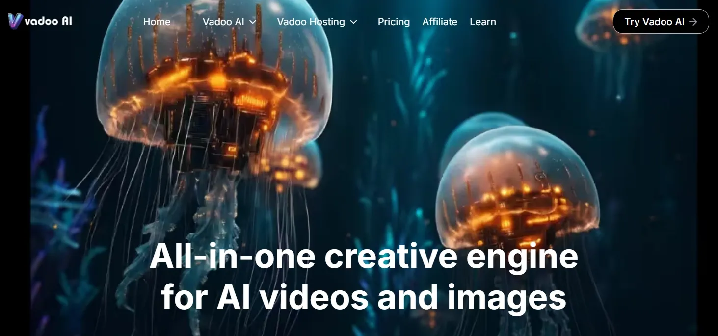 Vadoo AI homepage promoting an all-in-one creative engine for AI videos and images