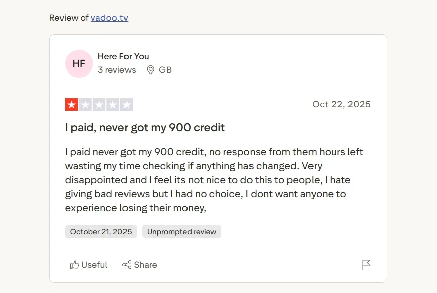 Trustpilot review reporting unpaid credits and no support response from vadoo.tv