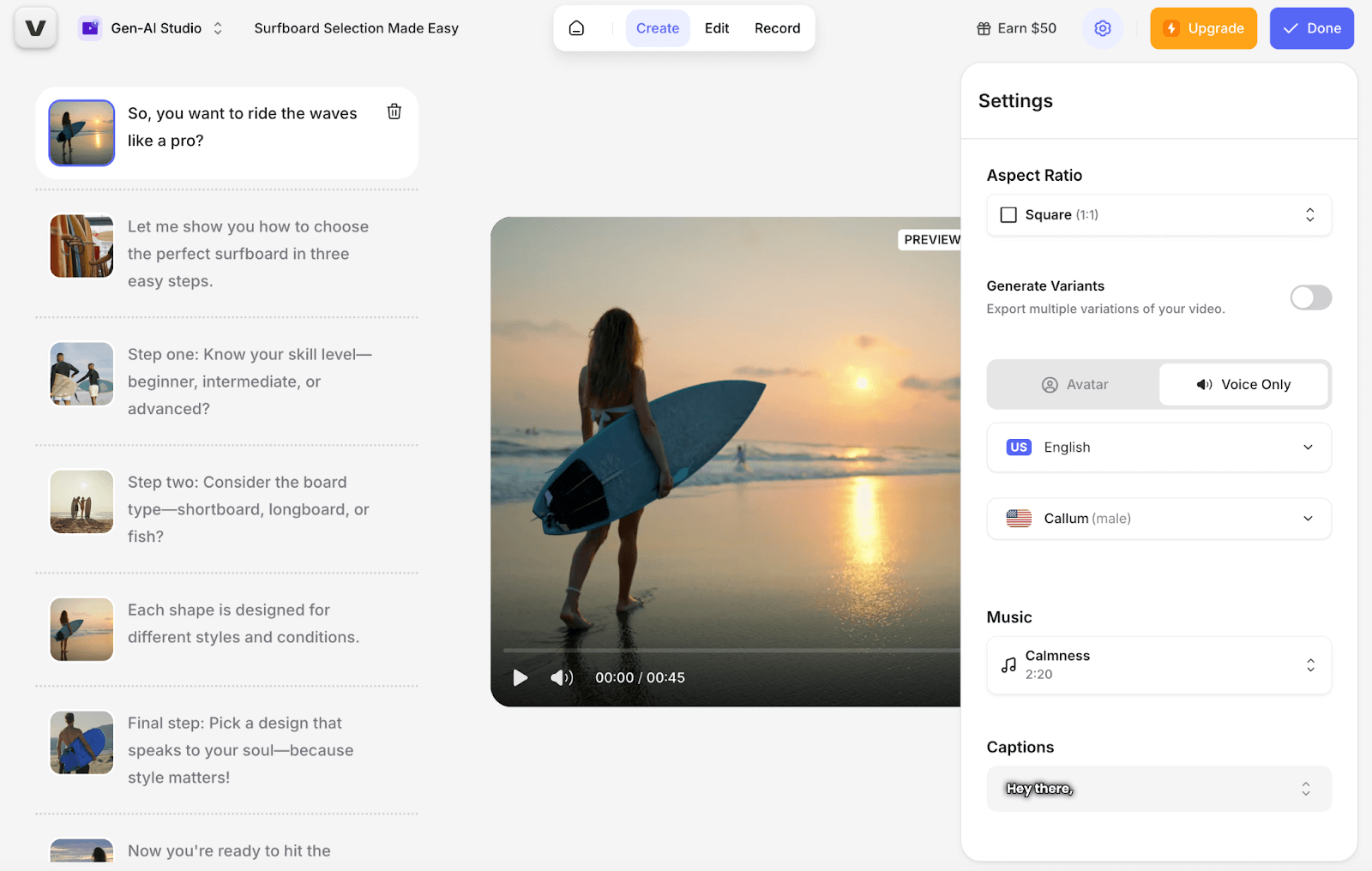 VEED AI video creation workspace