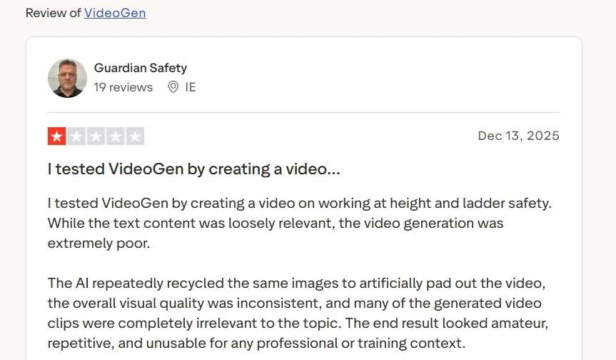 Trustpilot review criticizing VideoGen video quality and relevance