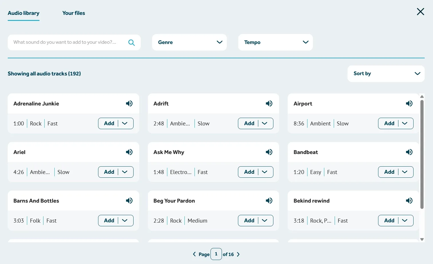 VideoScribe audio library with music tracks filtered by genre and tempo