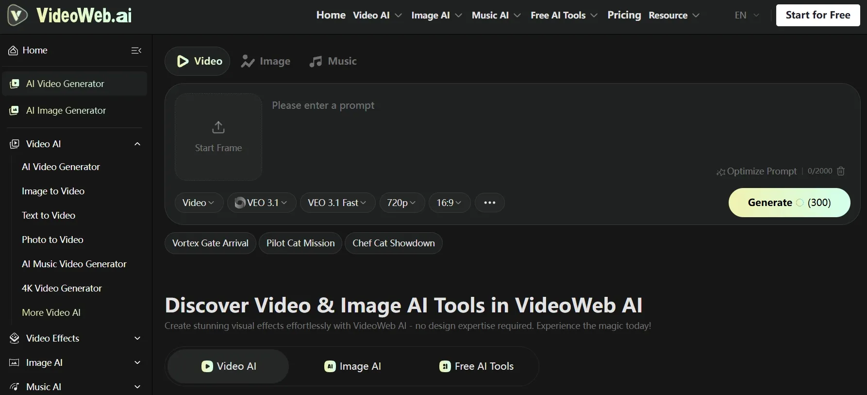 VideoWeb AI interface showing video and image tools