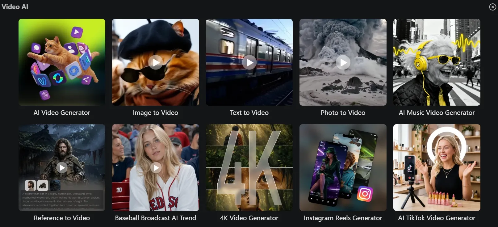 VideoWeb AI tool grid for video, image, music, and effects