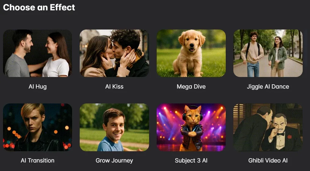 Video effects gallery with AI hug, kiss, transition, and dance