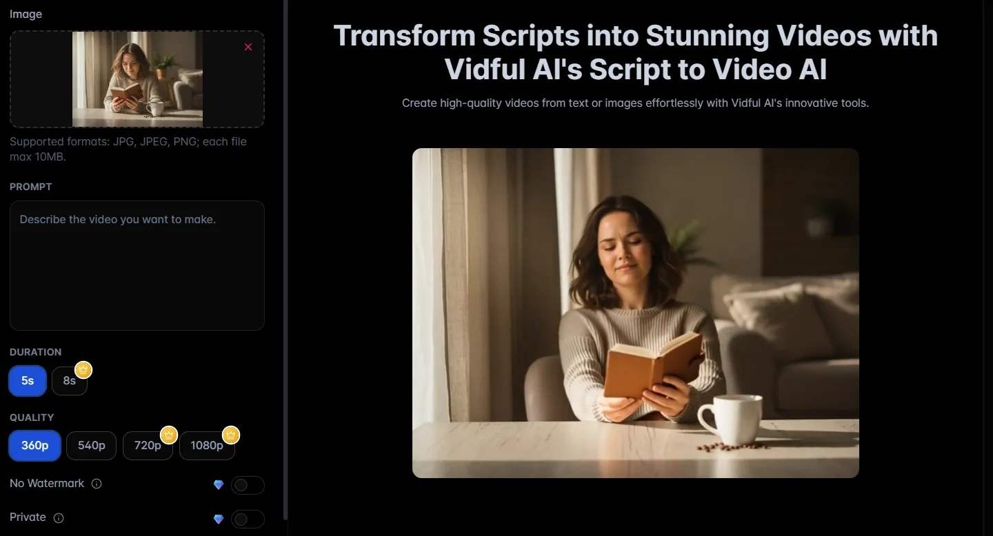 Script to video tool with image upload and quality controls