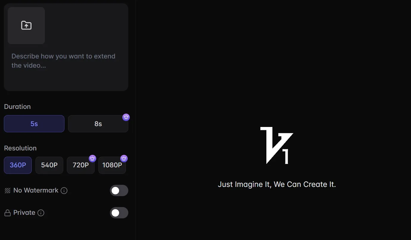 Video extender tool with duration, resolution, and privacy settings