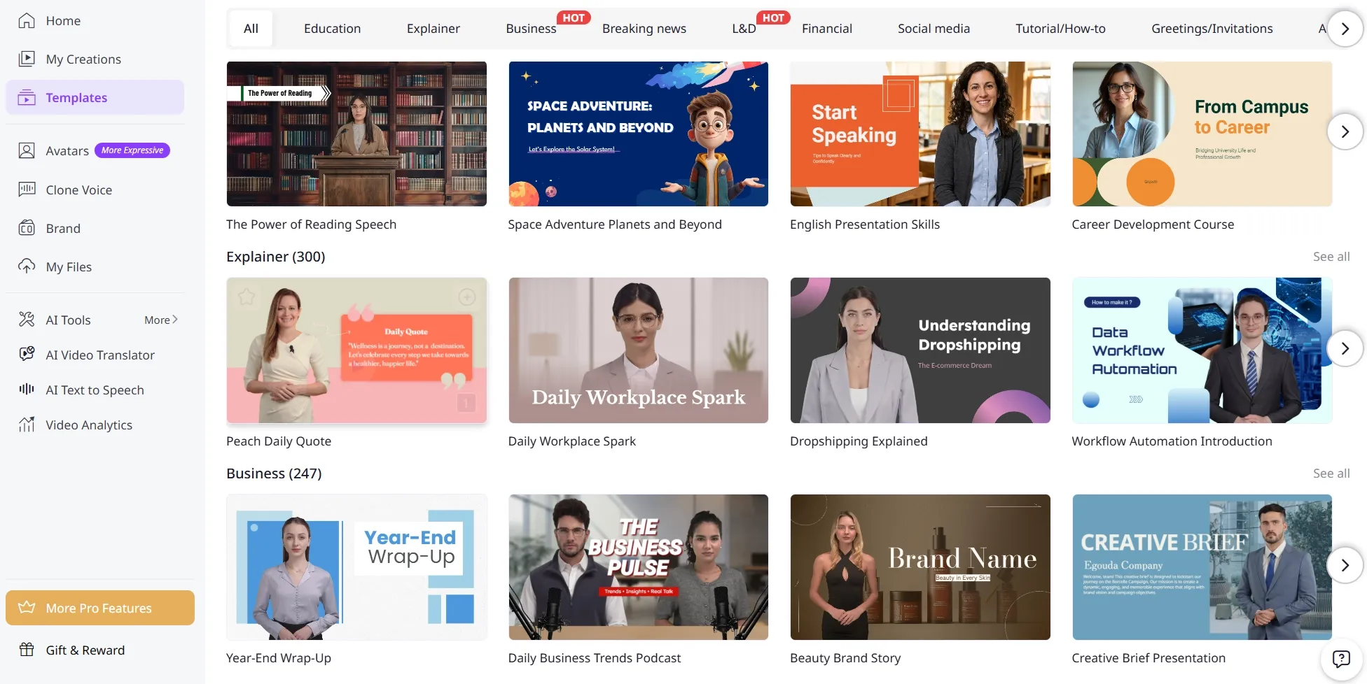 Video template library for business, education, and explainer content